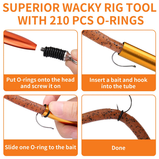 Wacky rig tool with 210 pcs O-rings and assembly instructions on an orange background