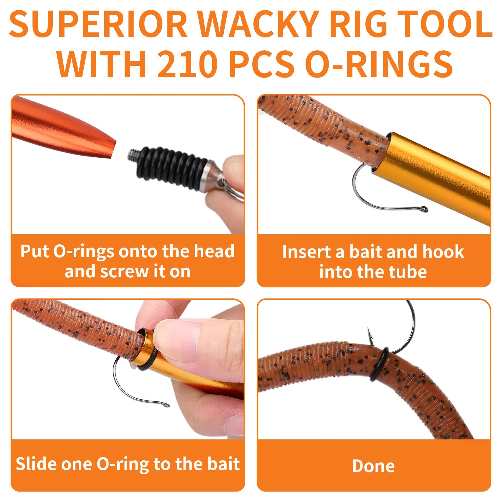 Wacky rig tool with 210 pcs O-rings and assembly instructions on an orange background