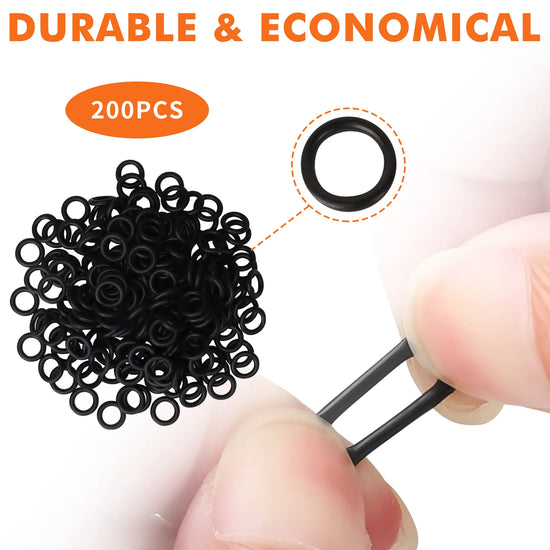 Black rubber bands with a hair tie, labeled 'Durable & Economical' and '200PCS'.