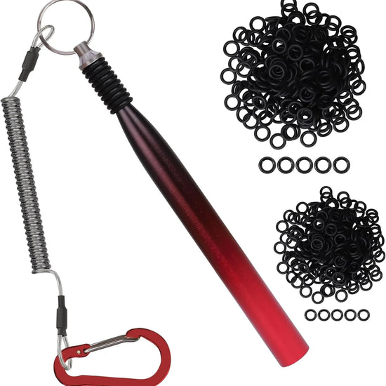 Red metal tool with spring and carabiner, surrounded by black rings on a white background