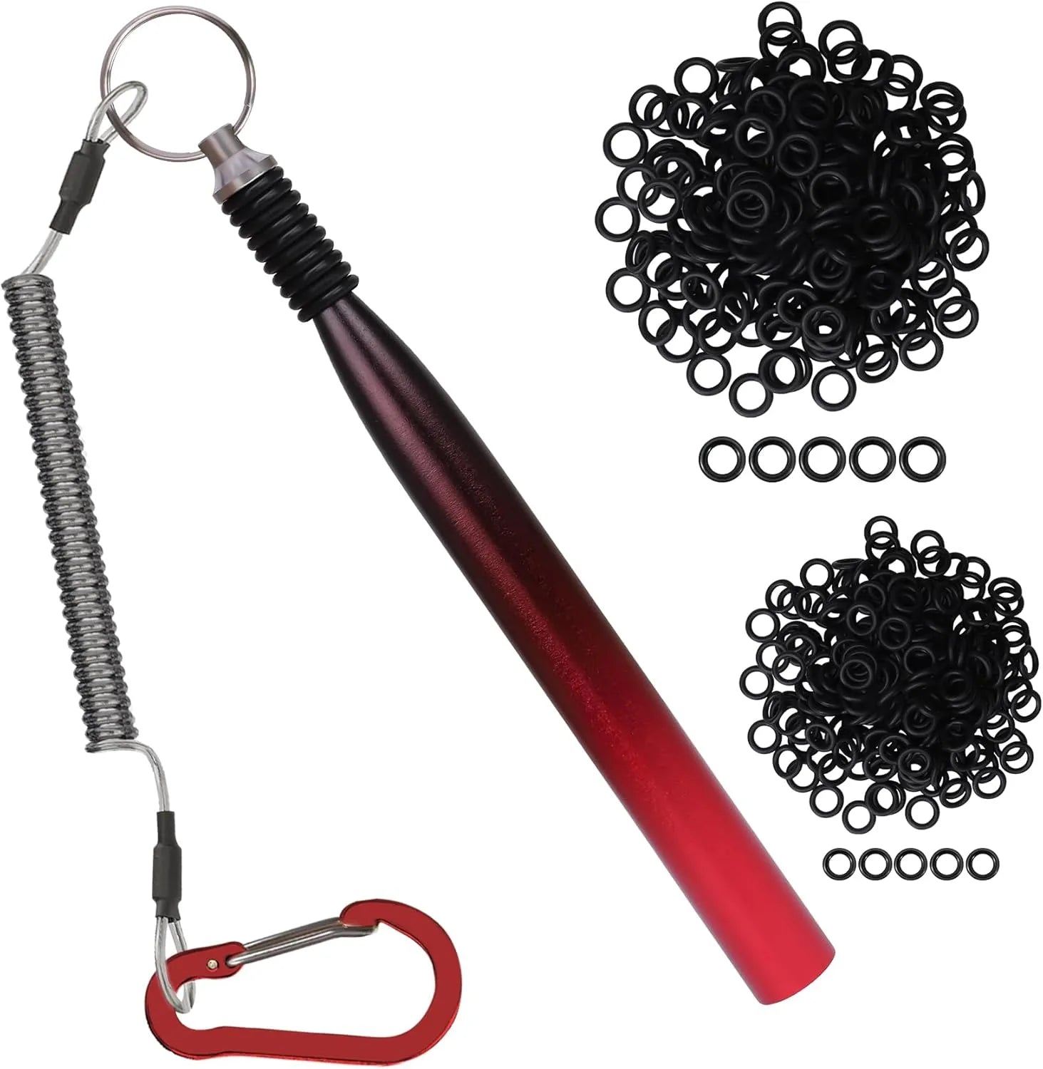 Red metal tool with spring and carabiner, surrounded by black rings on a white background