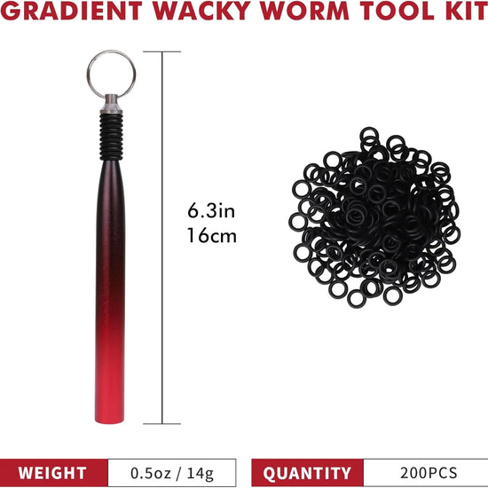 Gradient wacky worm tool kit with black rubber bands and measurements on a white background