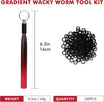 Gradient wacky worm tool kit with black rubber bands and measurements on a white background