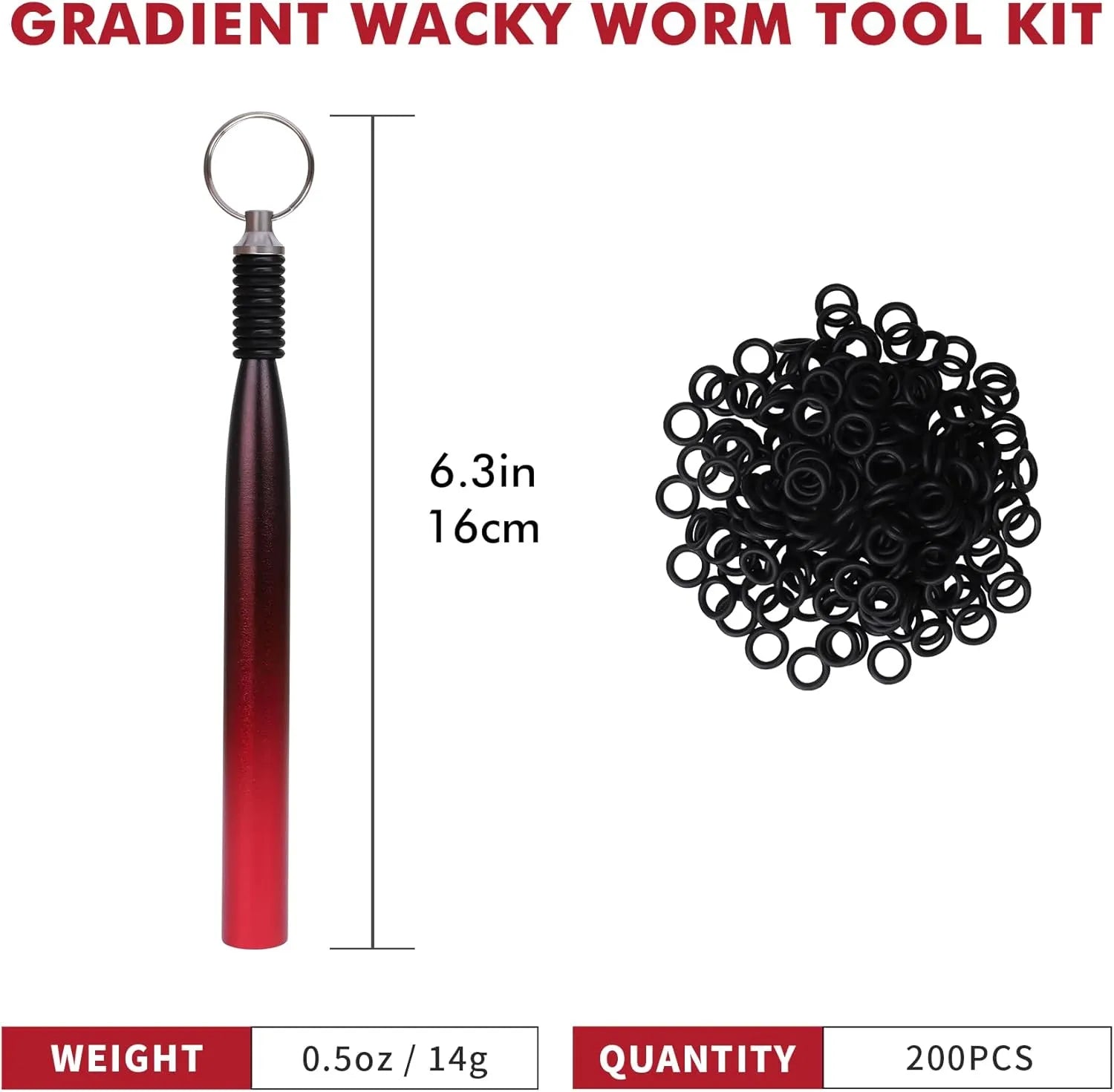 Gradient wacky worm tool kit with black rubber bands and measurements on a white background