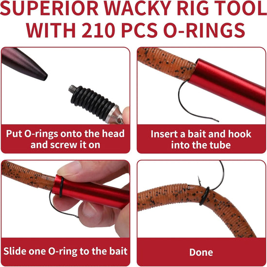 Wacky rig tool with 210 pcs O-rings and assembly instructions on a white background.