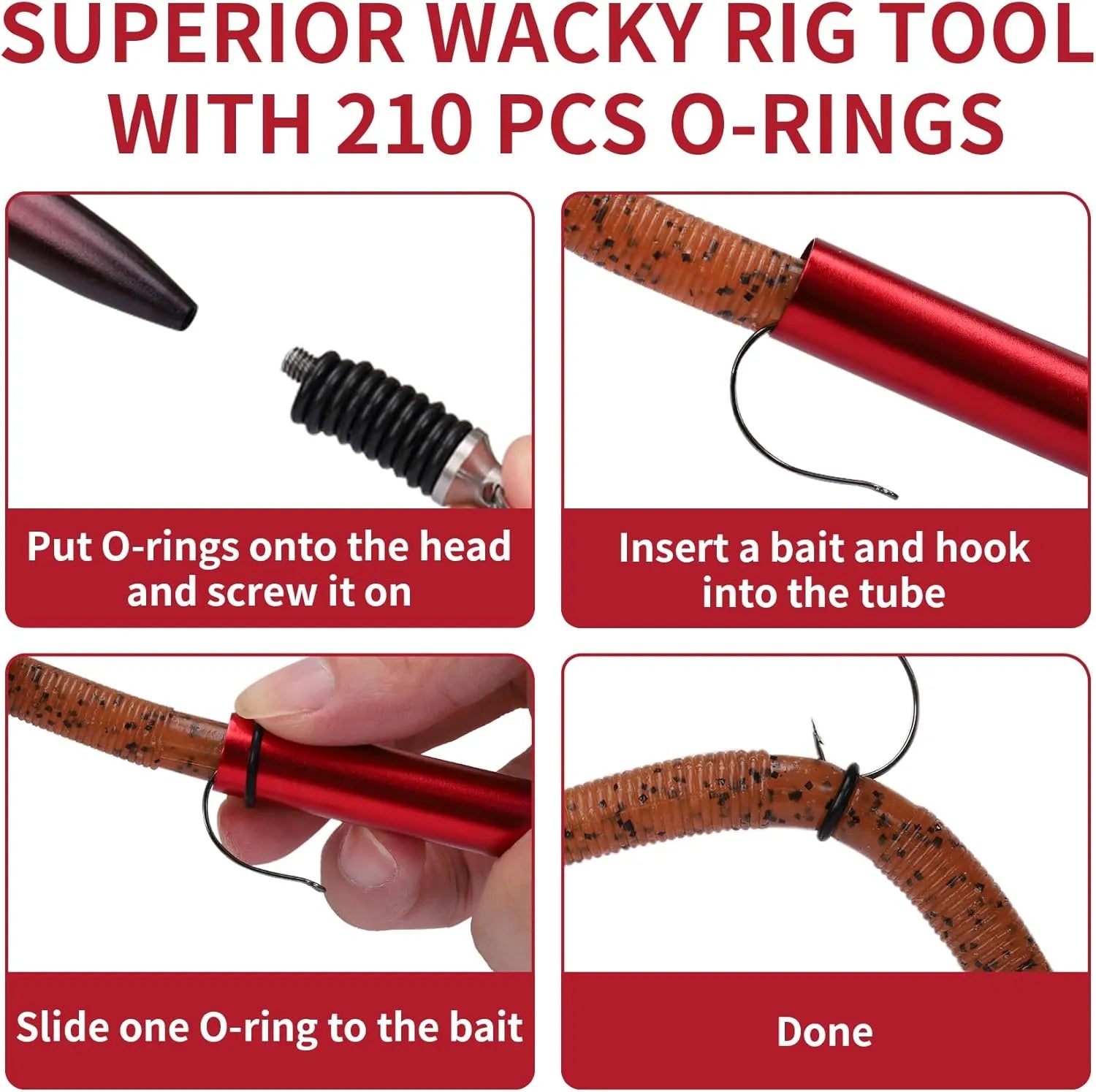 Wacky rig tool with 210 pcs O-rings and assembly instructions on a white background.