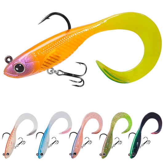 TRUSCEND Duramax Soft Fishing Lures with BKK Hooks, Easy Catch Curly & T-Tail for Trembly Sinking & Vibrating Swim, UV or Glow Effect for All Conditions, Pre-rigged Swimbait for Bass Trout Crappie [WM]