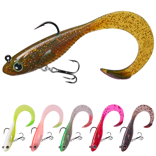 TRUSCEND Duramax Soft Fishing Lures with BKK Hooks, Easy Catch Curly & T-Tail for Trembly Sinking & Vibrating Swim, UV or Glow Effect for All Conditions, Pre-rigged Swimbait for Bass Trout Crappie [WM]