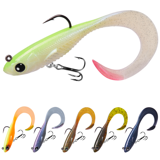 TRUSCEND Duramax Soft Fishing Lures with BKK Hooks, Easy Catch Curly & T-Tail for Trembly Sinking & Vibrating Swim, UV or Glow Effect for All Conditions, Pre-rigged Swimbait for Bass Trout Crappie [WM]