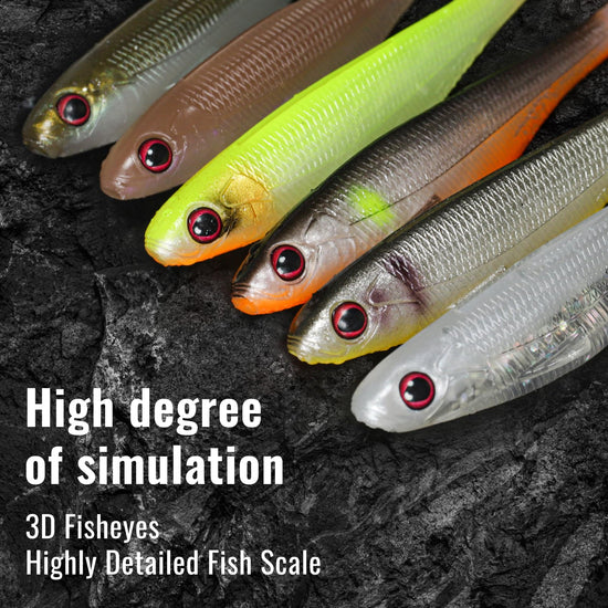 Colorful 3D fish-shaped objects with detailed scales on a dark textured background.