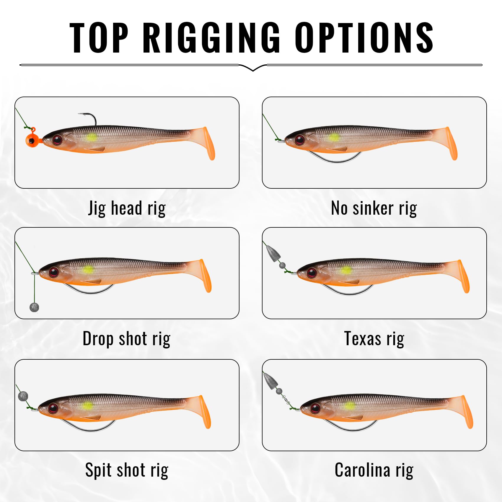 Illustrations of different fishing rig options with a white background